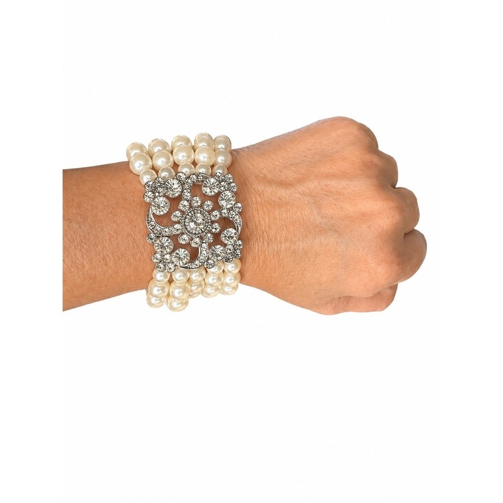 New Multi-Strand Faux Glass Pearl Stretch Bracelet Crystal Rhinestone 5 Strand